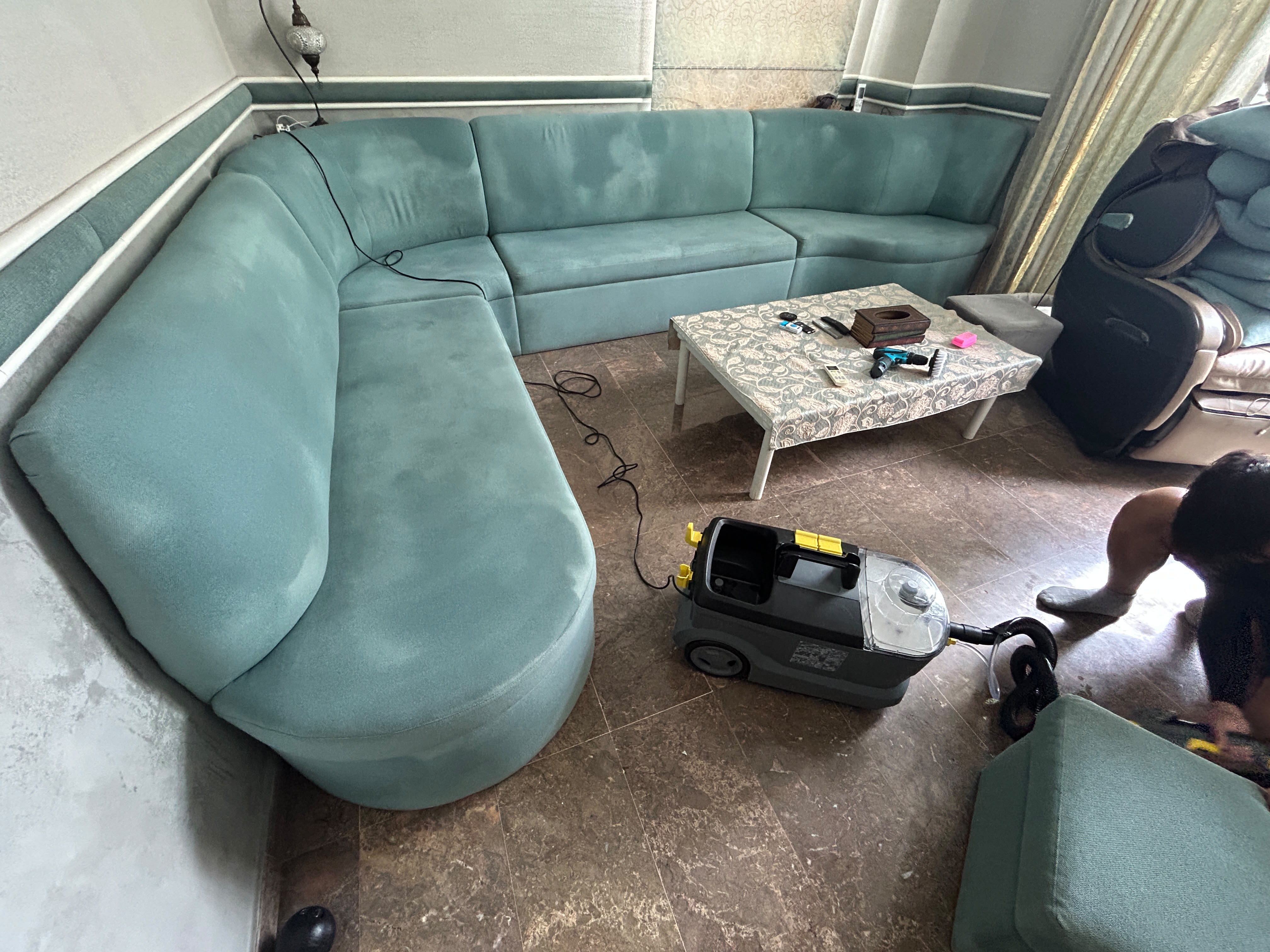 teal sofa