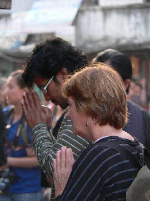 Saroj Khadgi greeting a traveller with folded hands