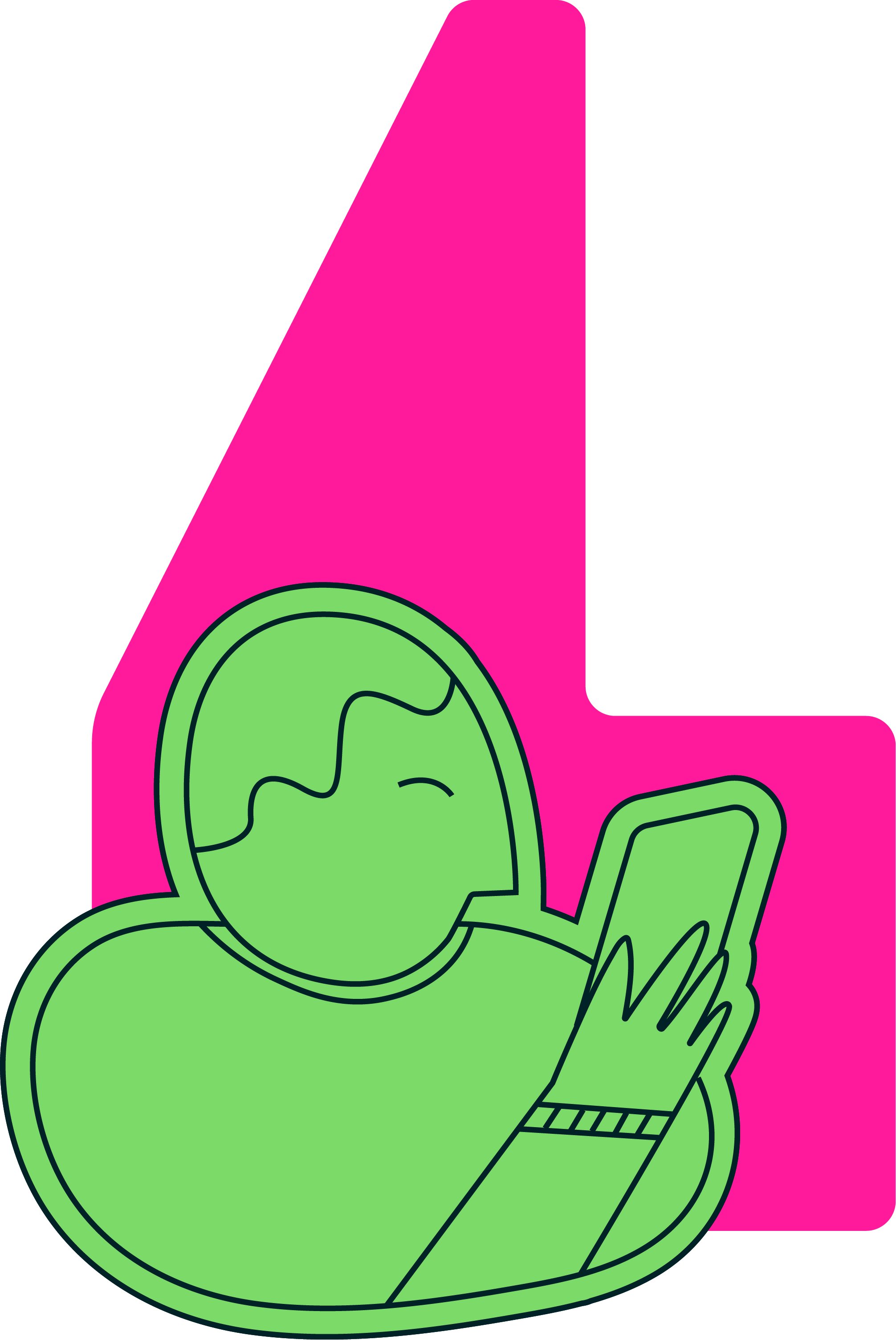 graphic left — pink speach mark, green person on phone