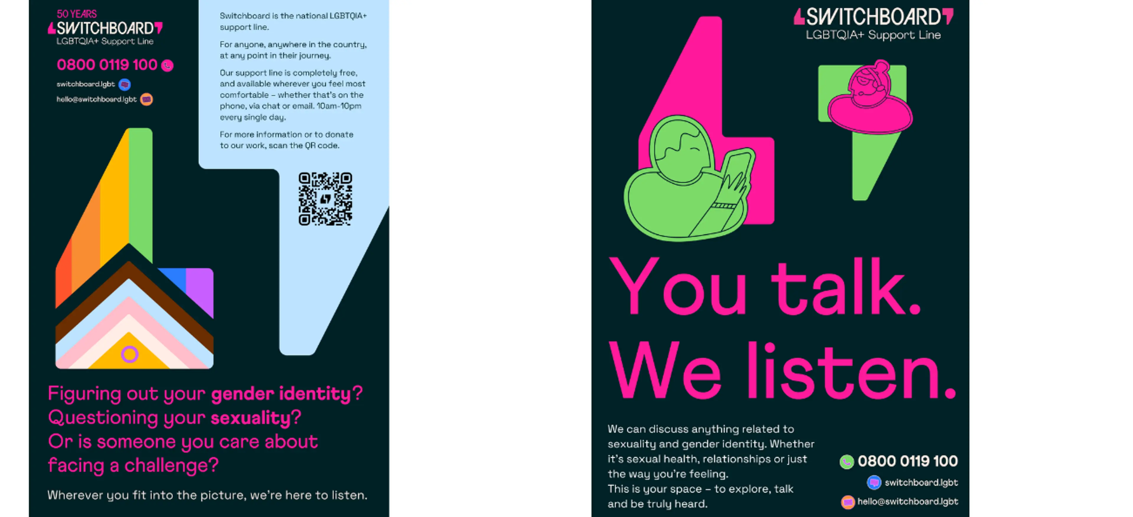 Examples of two Switchboard Posters: both with dark backgrounds. The first one says Figuring out your gender identity? Questioning your sexuality? Or is someone you care about facing a challenge? and the second one says You Talk. We Listen. Both have information about the Switchboard service.