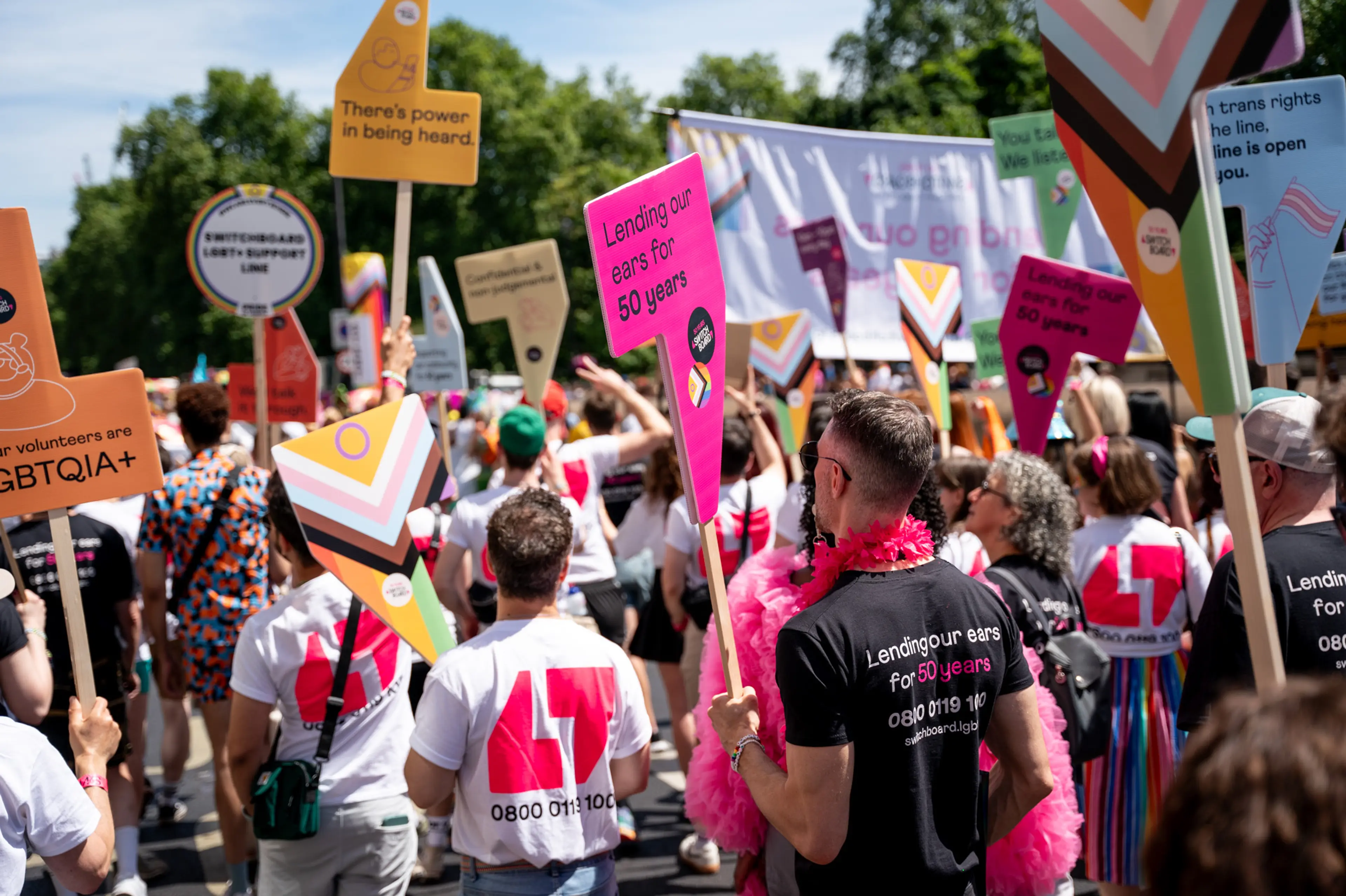 Switchboard volunteers walking at Pride in London 2024