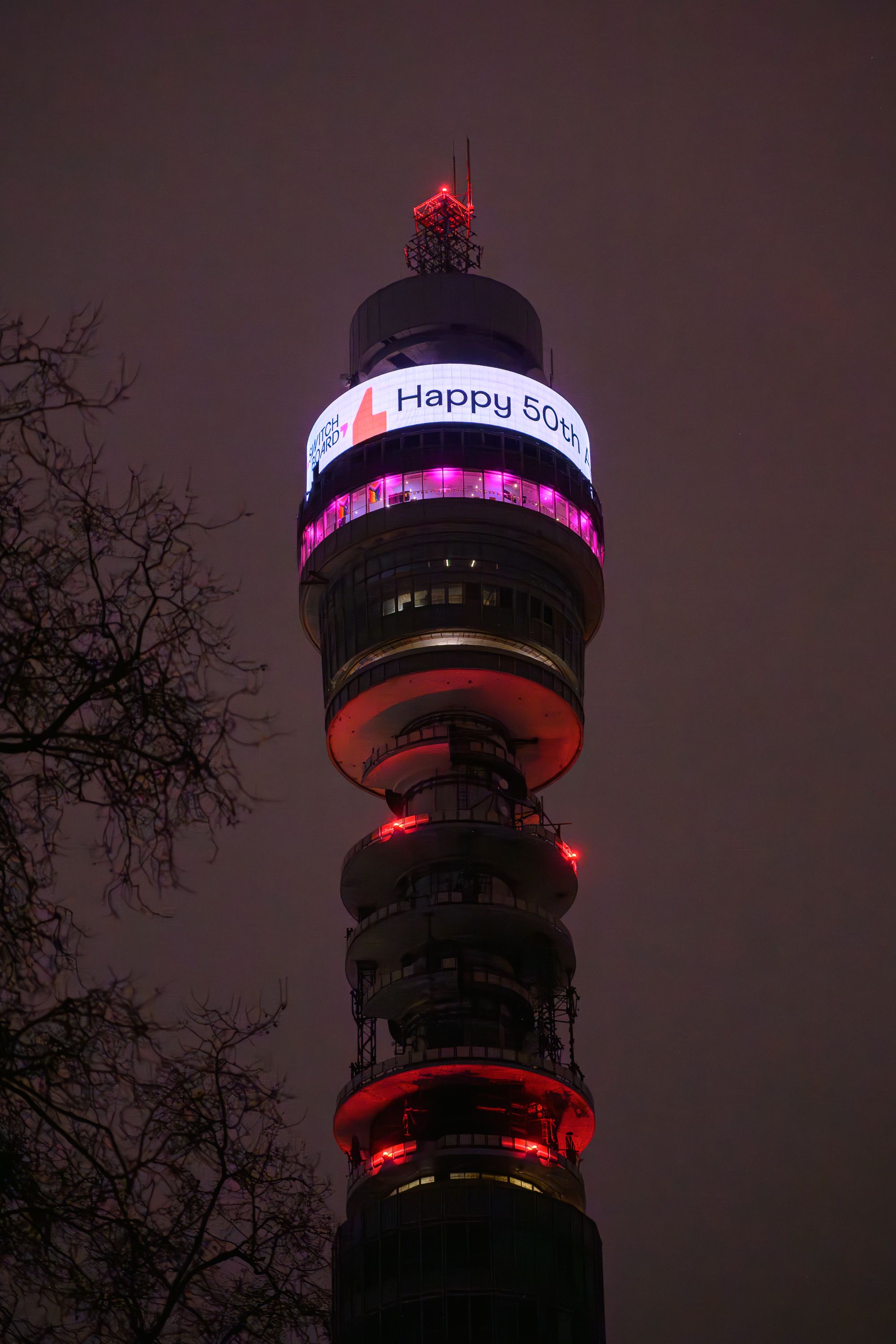 BT Tower lit up to say Happy 50th Switchboard
