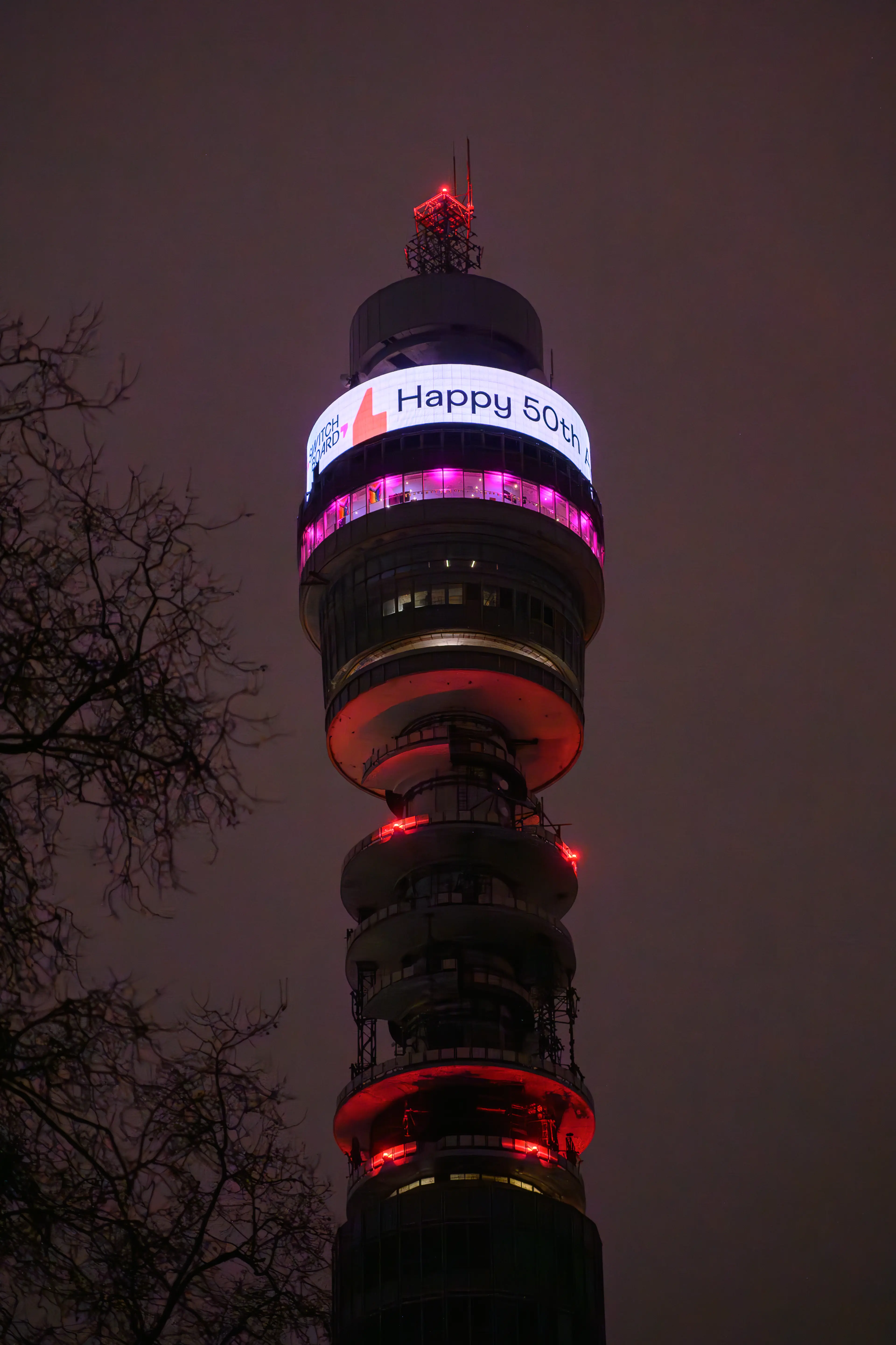 BT Tower lit up to say Happy 50th Switchboard