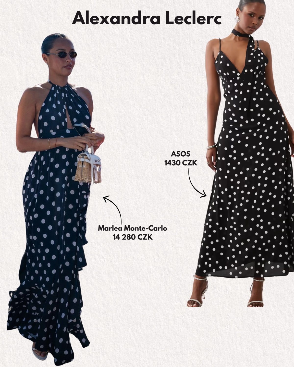 Koláž označená Alexandra Leclerc: dlouhé puntíkované šaty a alternativa ASOS.