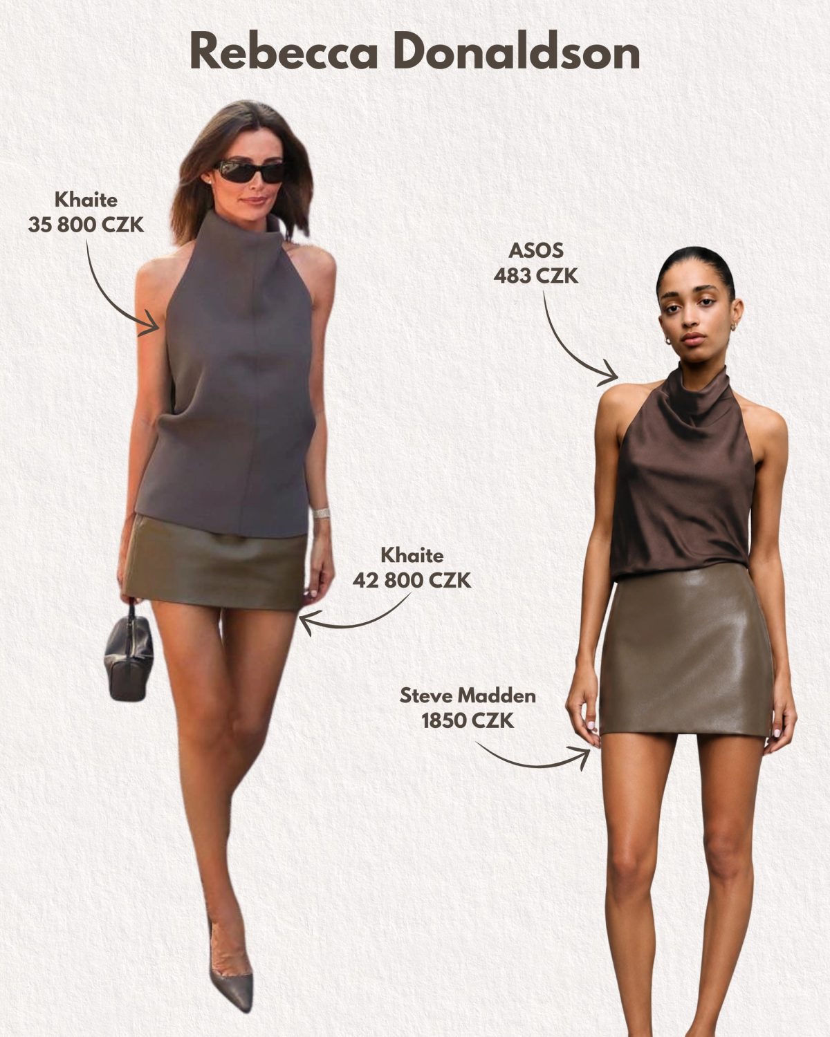 Koláž označená Rebecca Donaldson: hnědý top bez rukávů a krátká sukně s alternativami ASOS a Steve Madden.