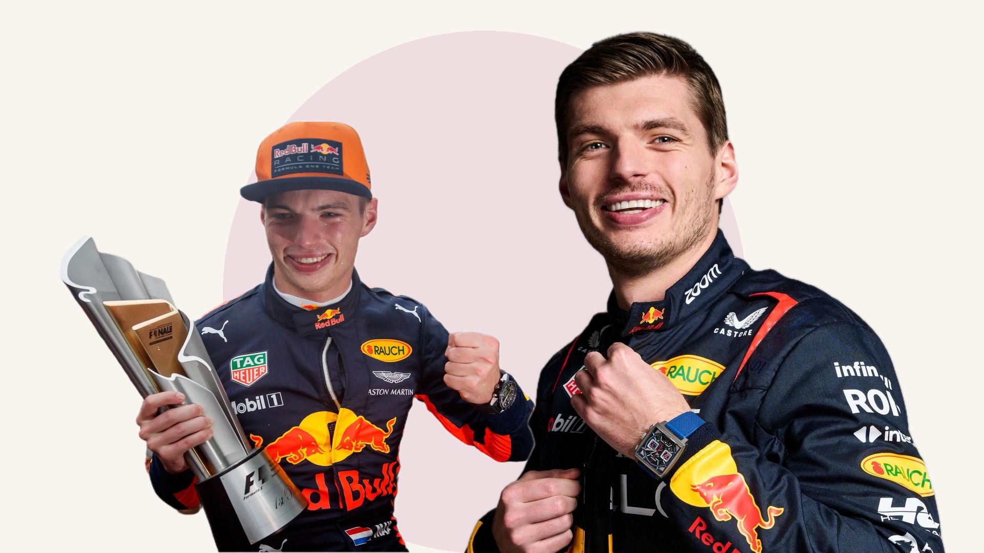 Max Verstappen s trofejí z Malajsie 2017 a na portrétní fotografii v kombinéze Red Bullu. Koláž na krémovém pozadí s růžovým kruhem.