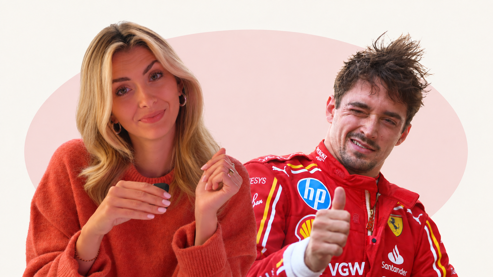 Koláž Karoliny Bulisové s mikrofonem a Charlese Leclerca v kombinéze Ferrari na krémovém pozadí.