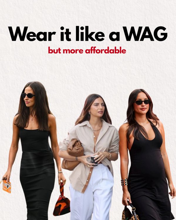 Titulní koláž série Wear it like a WAG s černými šaty a světlým košilovým outfitem.