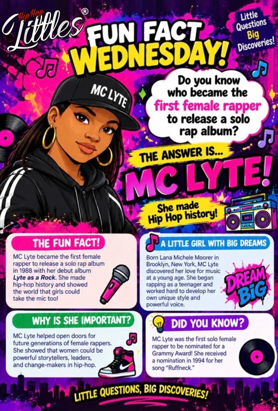 An illustration of MC Lyte in a black cap and gold hoop earrings, beside a boombox.