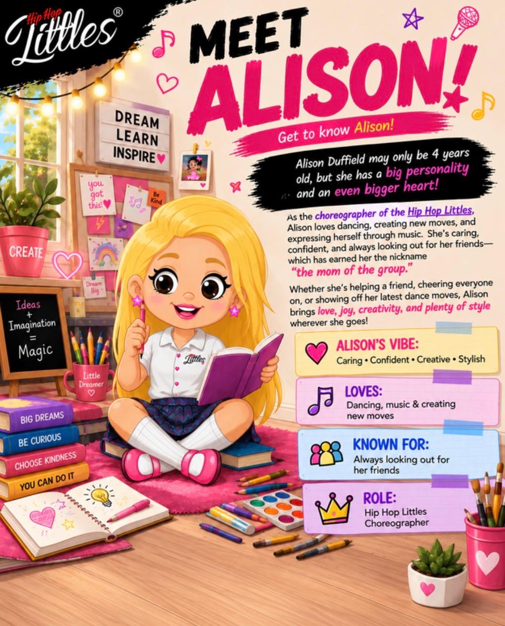 Meet Alison! A poster introducing Alison from the Hip Hop Littles.