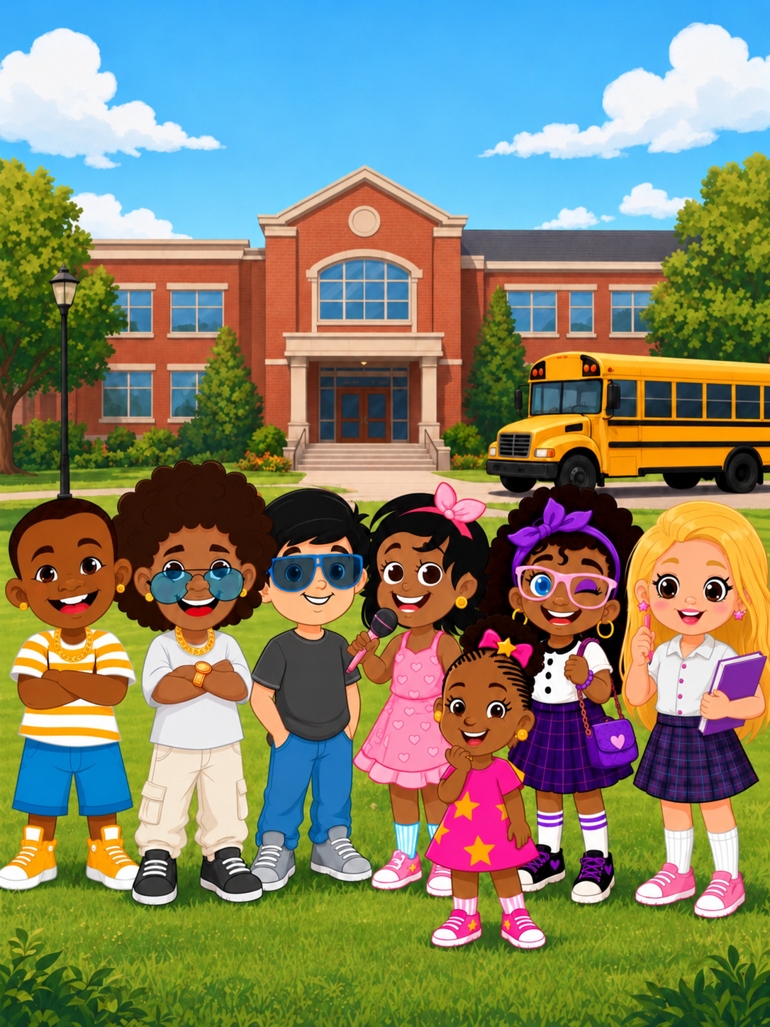 The seven Hip Hop Littles standing together and smiling outside Littlewood Elementary, with a yellow school bus behind them.