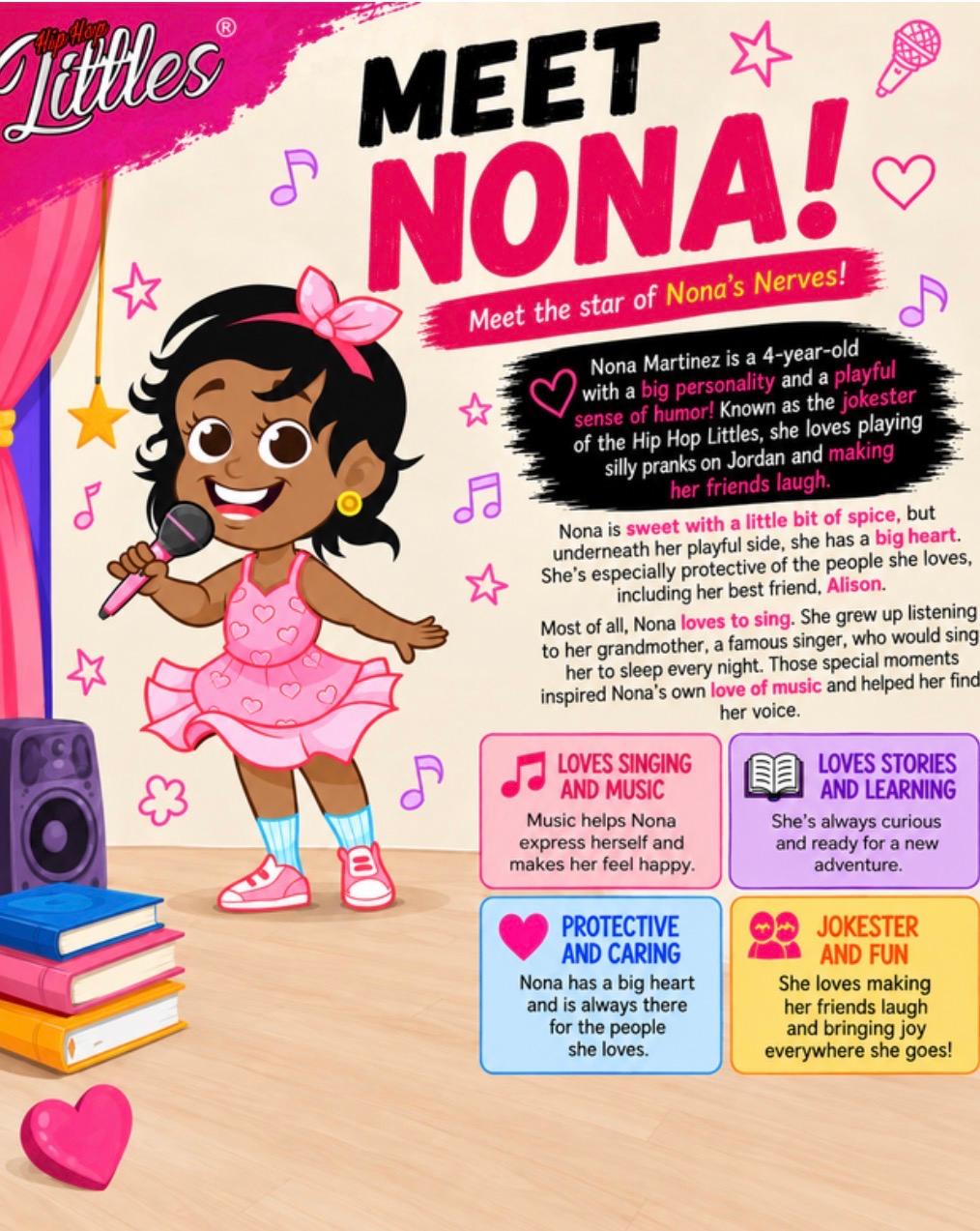 Meet Nona! A poster introducing Nona from the Hip Hop Littles.
