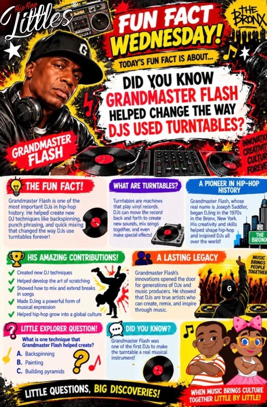 An illustration of Grandmaster Flash wearing headphones behind two turntables and a mixer.