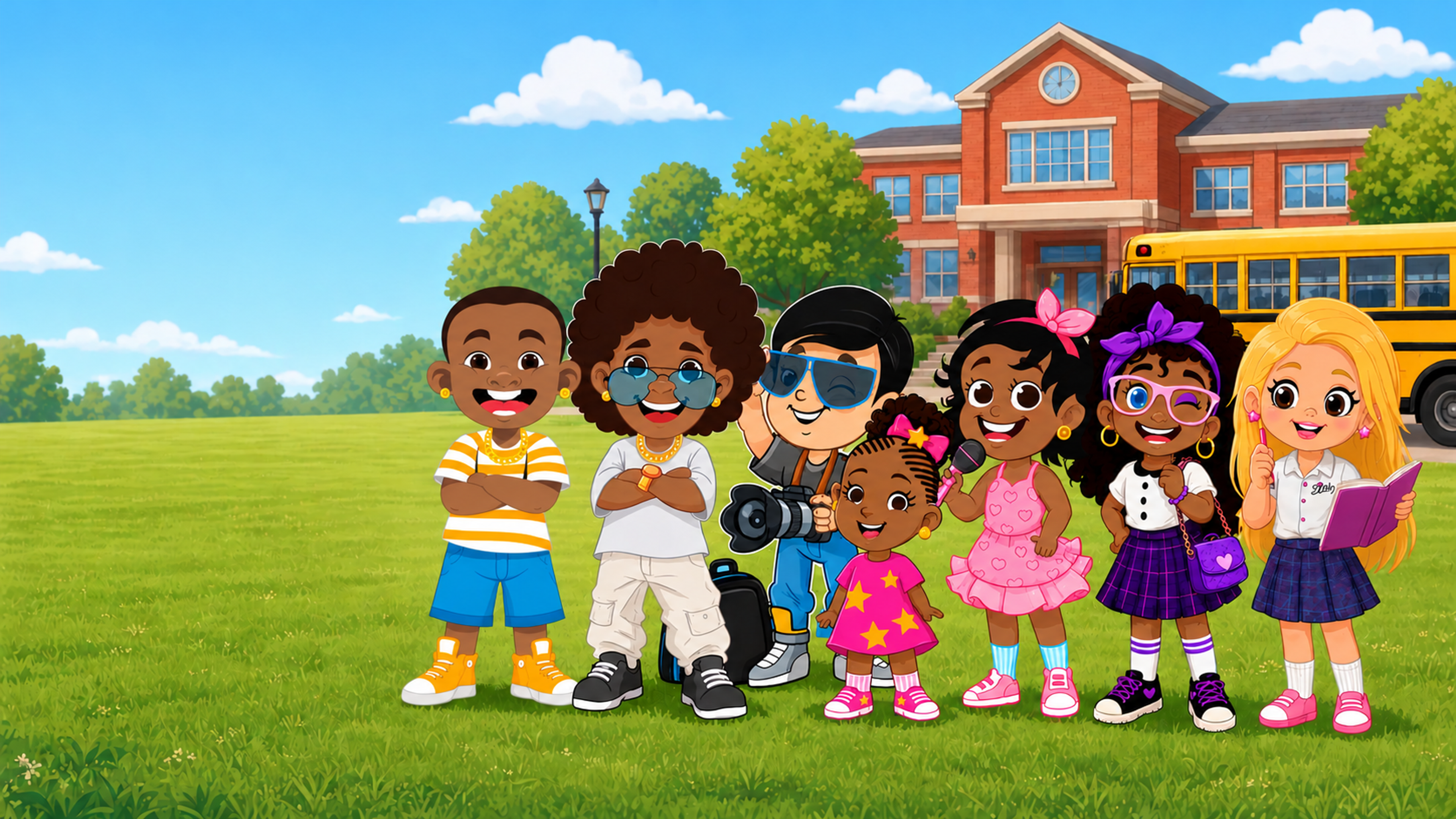 The seven Hip Hop Littles standing together and smiling outside Littlewood Elementary, with a yellow school bus behind them.