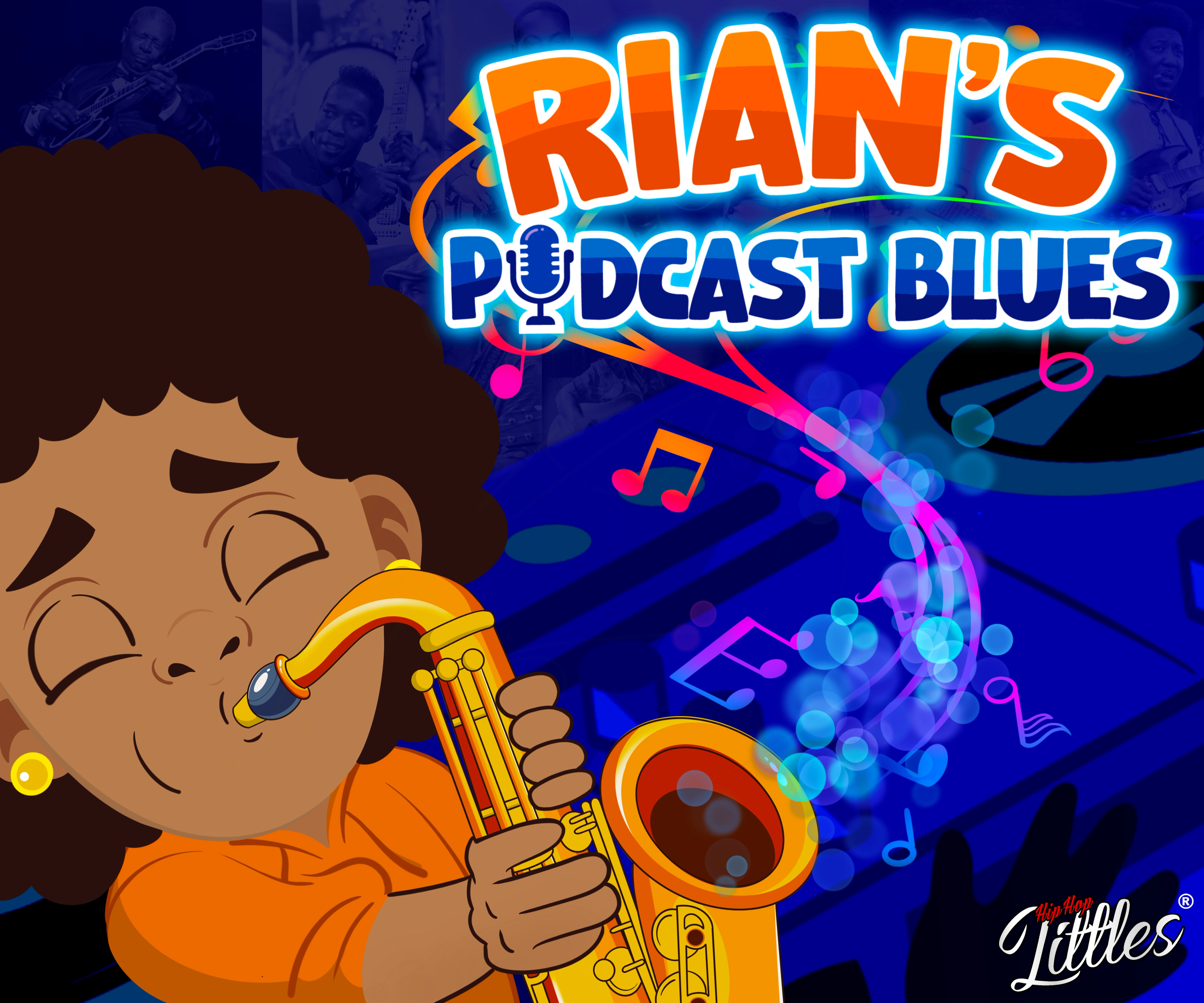 Rian's Podcast Blues — Rian playing a saxophone on a blue stage, with the book's title above her.