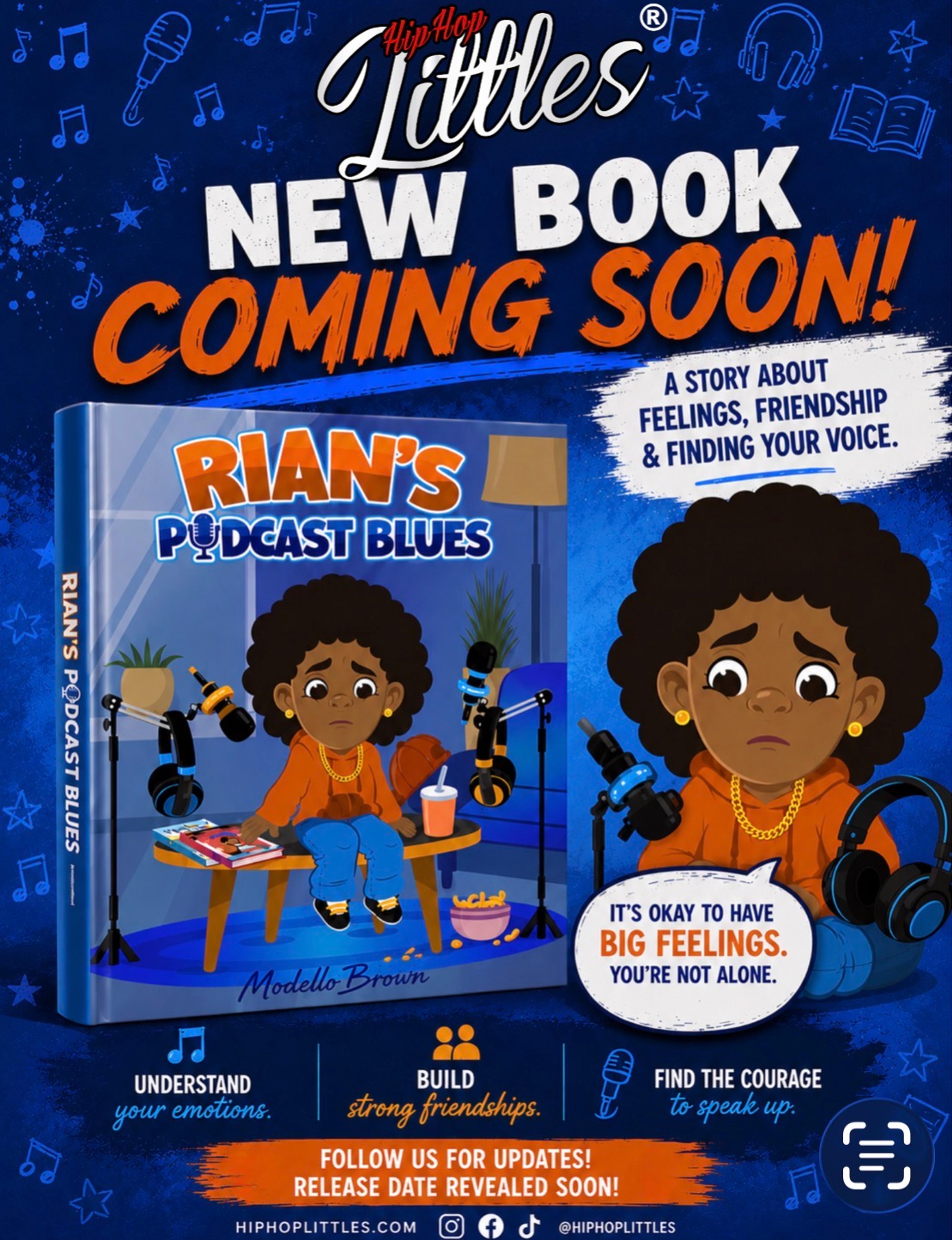 New book coming soon: Rian's Podcast Blues by Modello Brown, a story about feelings, friendship and finding your voice. Follow us for updates, release date revealed soon.