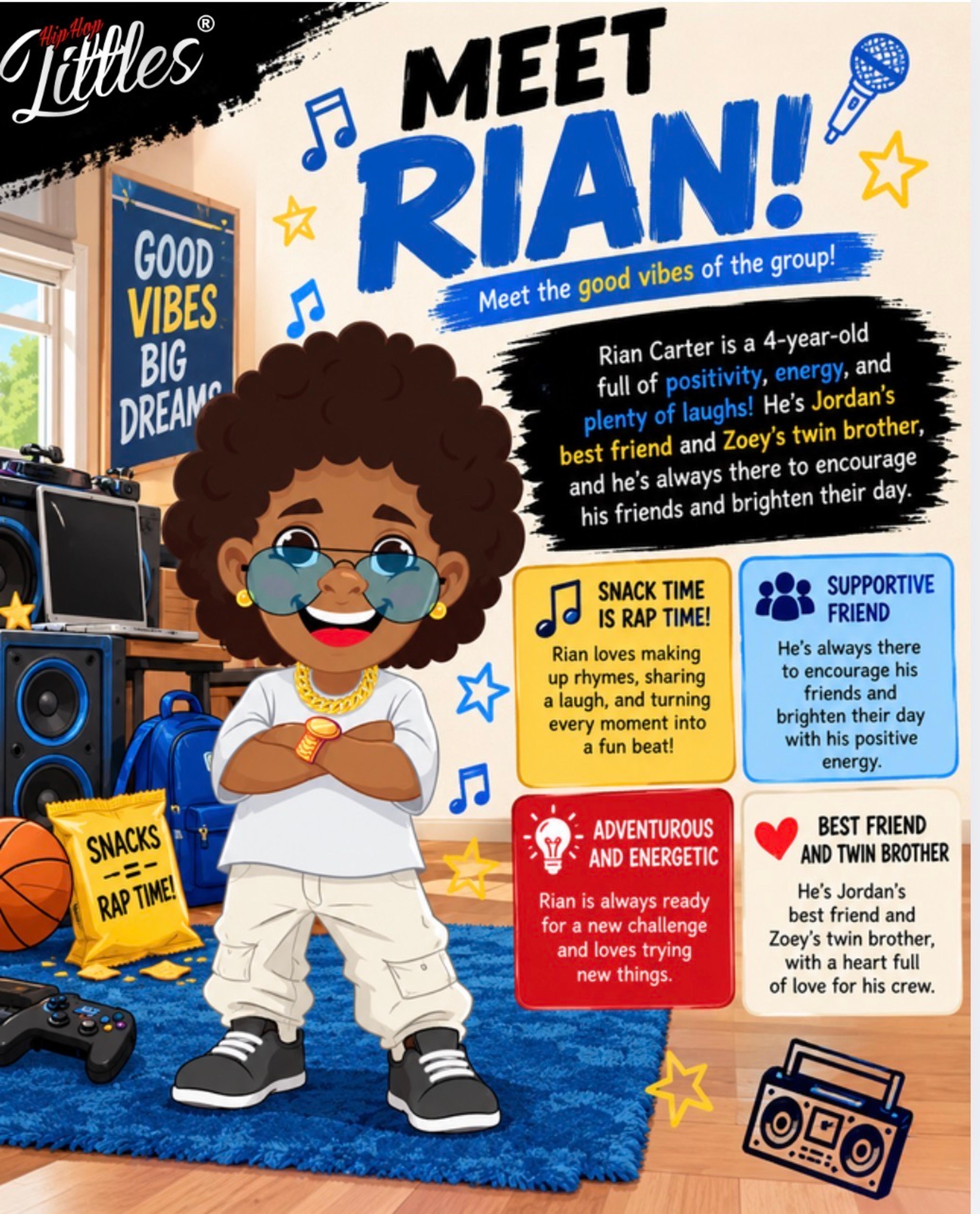 Meet Rian! A poster introducing Rian from the Hip Hop Littles.