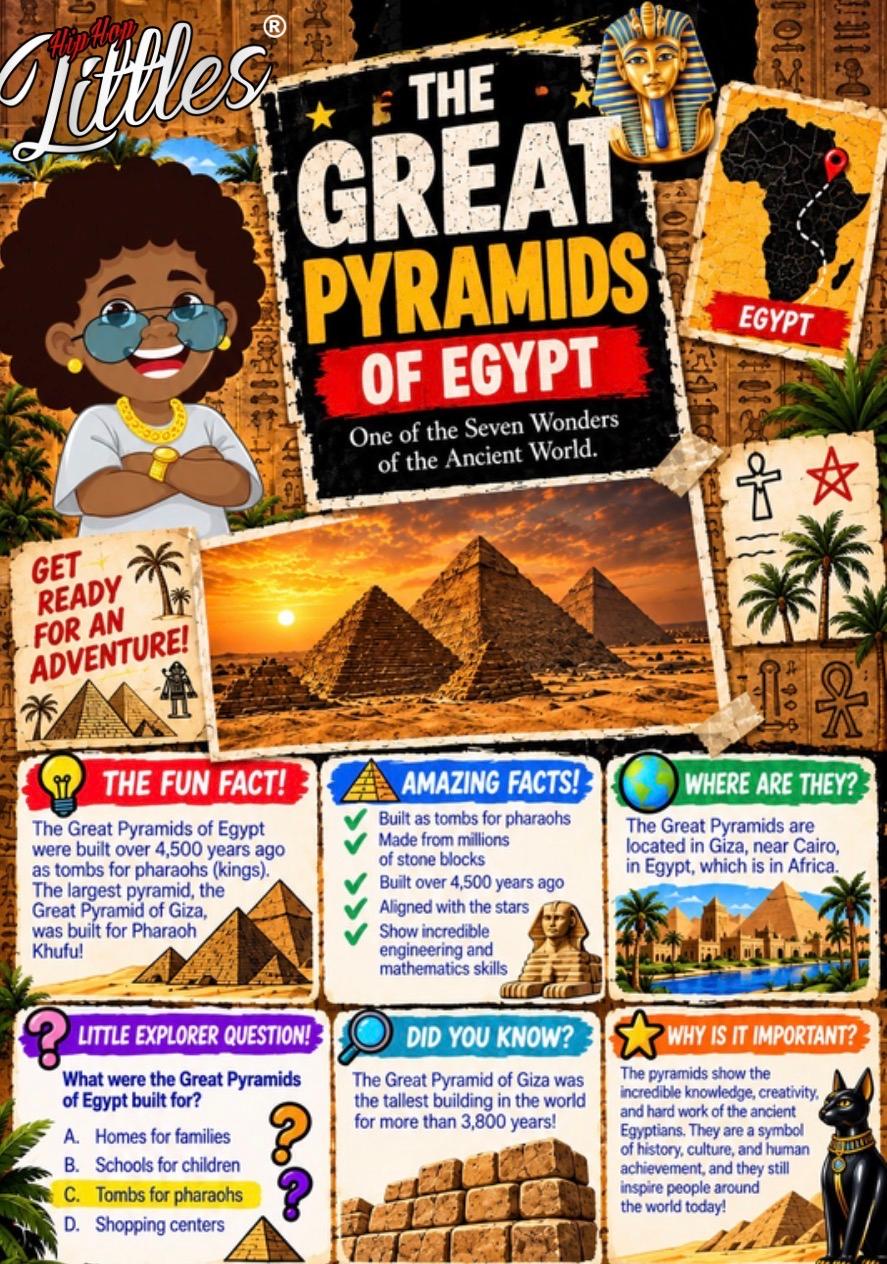 A Hip Hop Little in sunglasses stands beside the Great Pyramids at sunset, with a map of Africa marking Egypt.