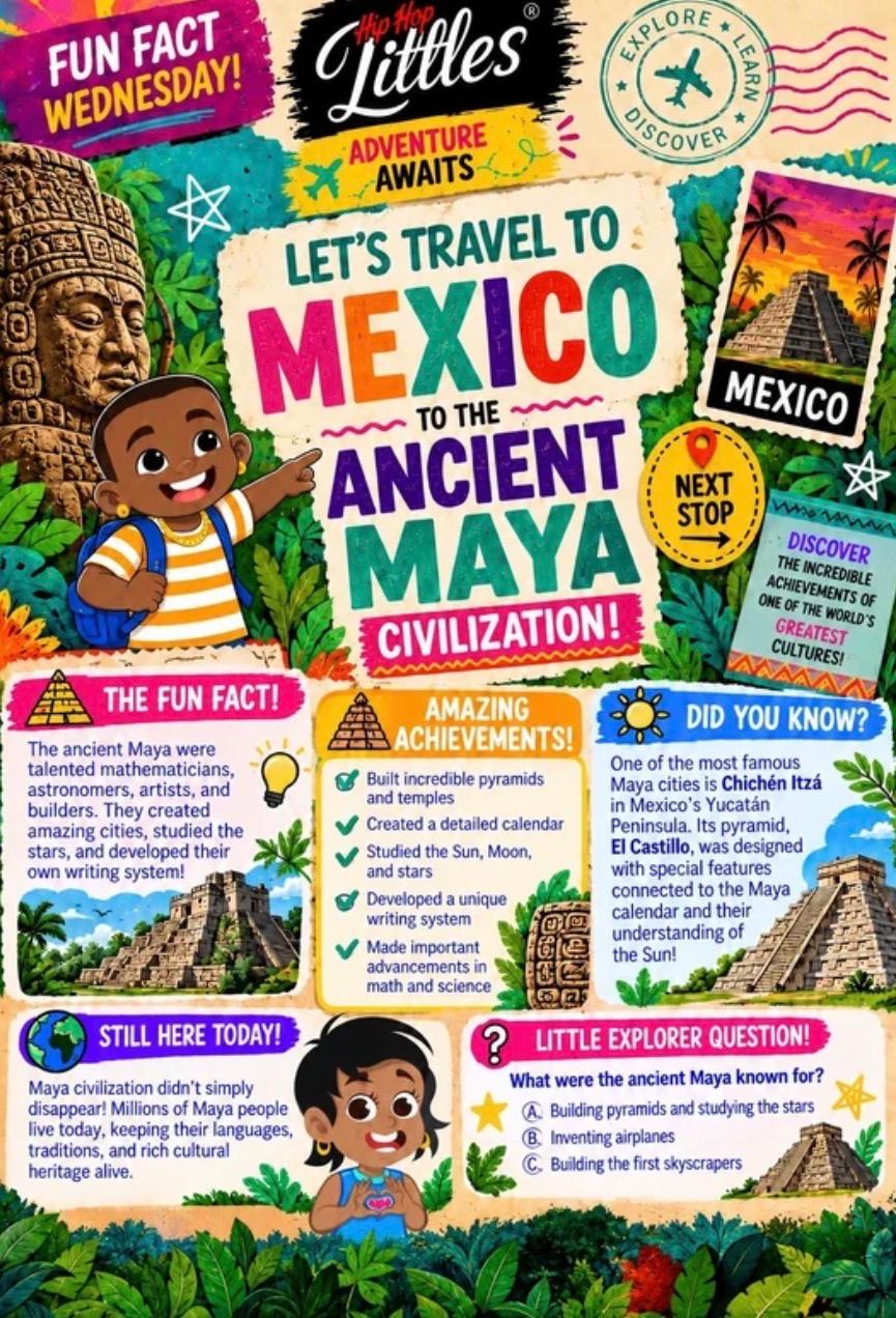 A Hip Hop Little points toward a Maya pyramid in the jungle, beside a carved stone head.
