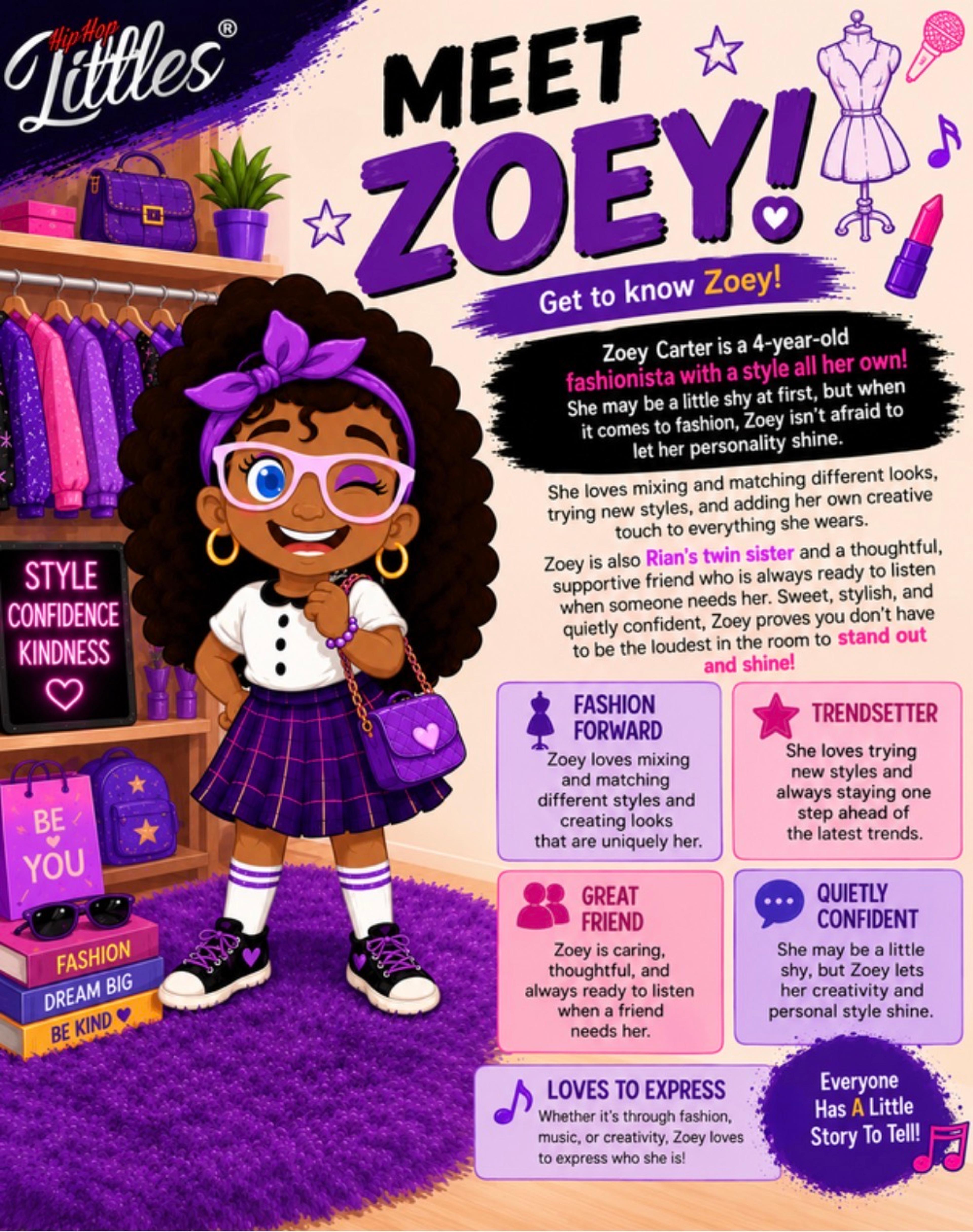 Meet Zoey! A poster introducing Zoey from the Hip Hop Littles.