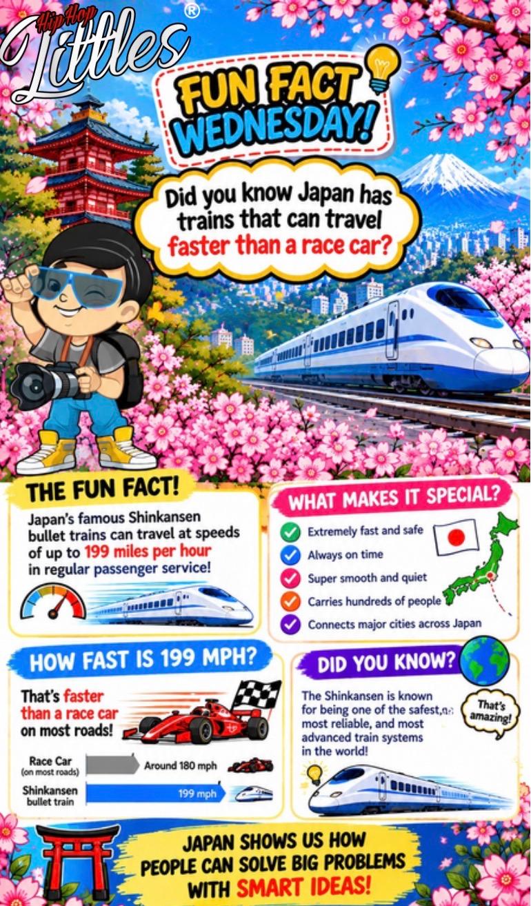 A Hip Hop Little with a camera stands among cherry blossoms as a bullet train passes a snow-capped mountain.