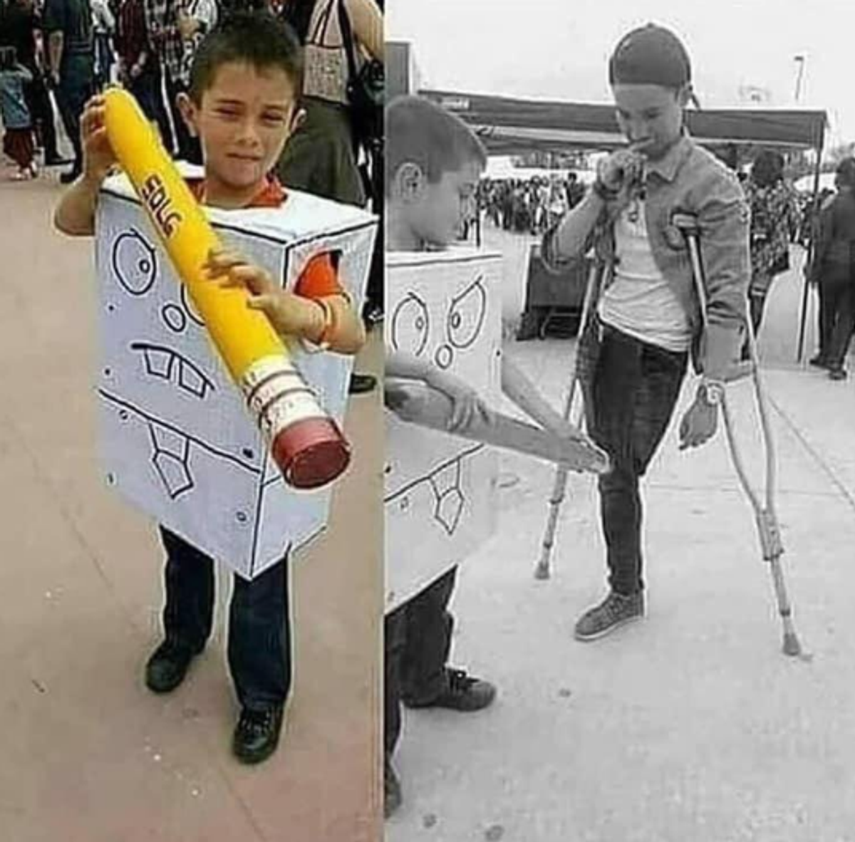 Split image: kid in costume, man with crutches