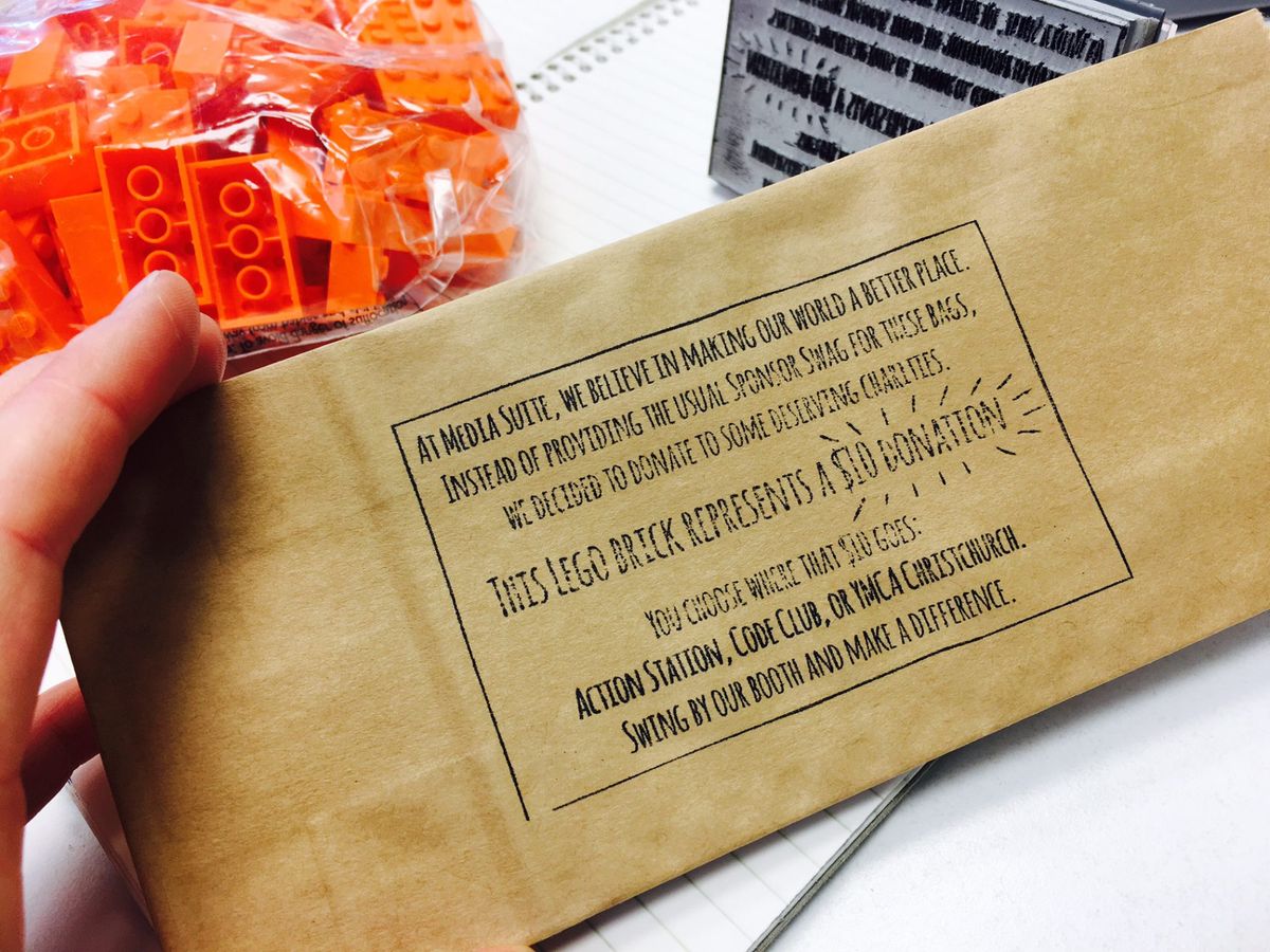 Envelope: Lego brick donation instead of swag