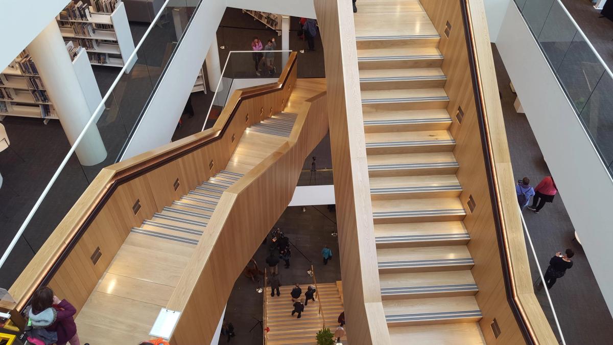 From the top looking down at the stairs in Tūranga library, Ōtautahi/Christchurch, NZ