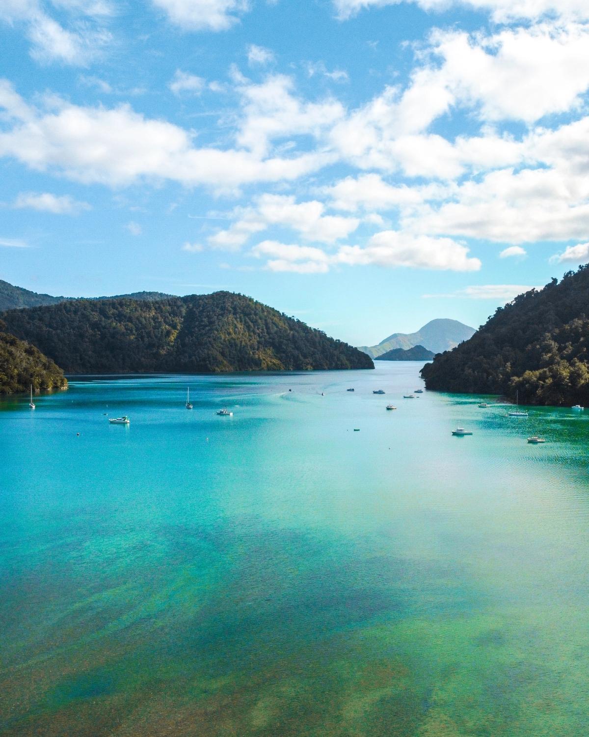 Marlborough Sounds, boats and bush, blue sky