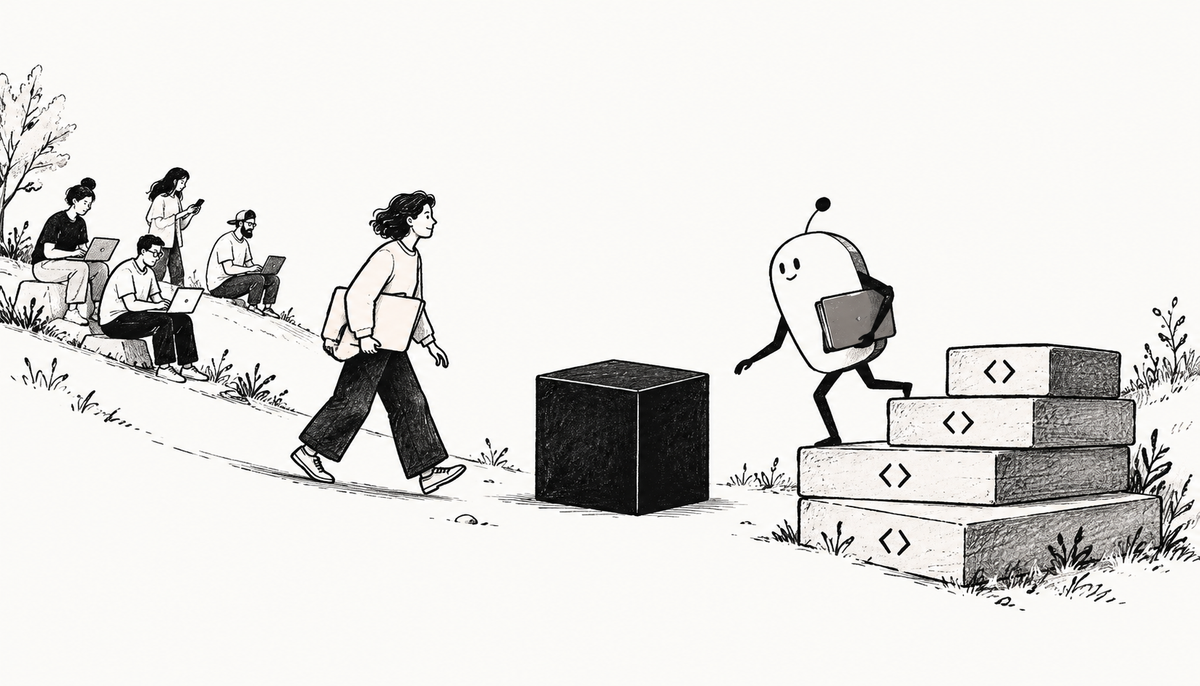 Black-and-white illustration of a person walking down a hillside from a group of people working on laptops and phones, and a friendly robot stepping down a stack of blocks marked with code symbols. Both carry folders and are heading towards a plain black cube between them.