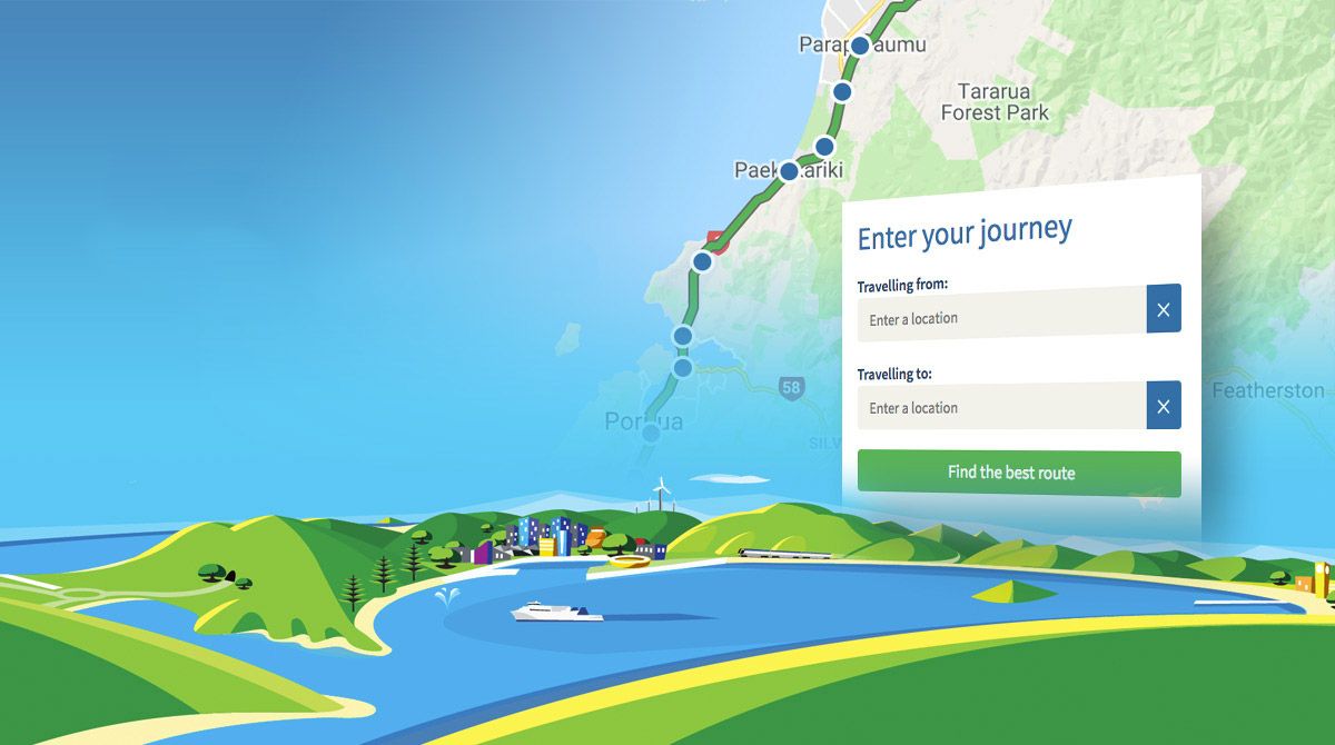 Illustration of Wellington Harbour with a map of New Zealand super-imposed over the top