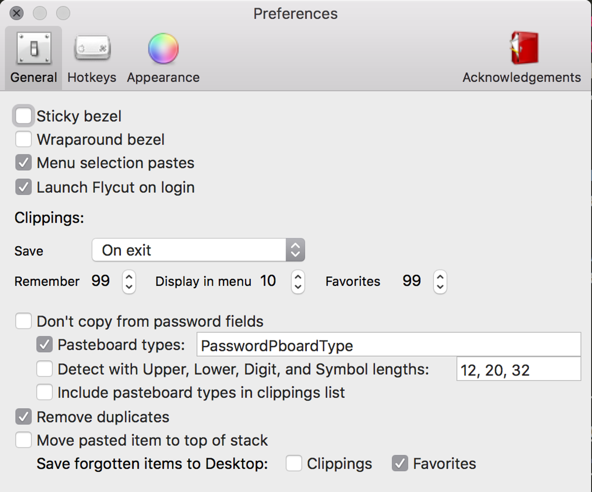 Screenshot of Flycut configuration screen