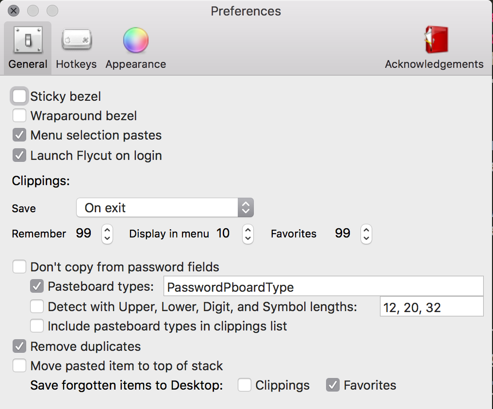 Screenshot of Flycut configuration screen