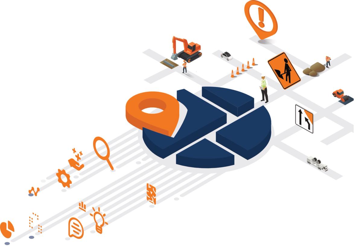 myWorksites isometric illustration of icons and machinery on roads