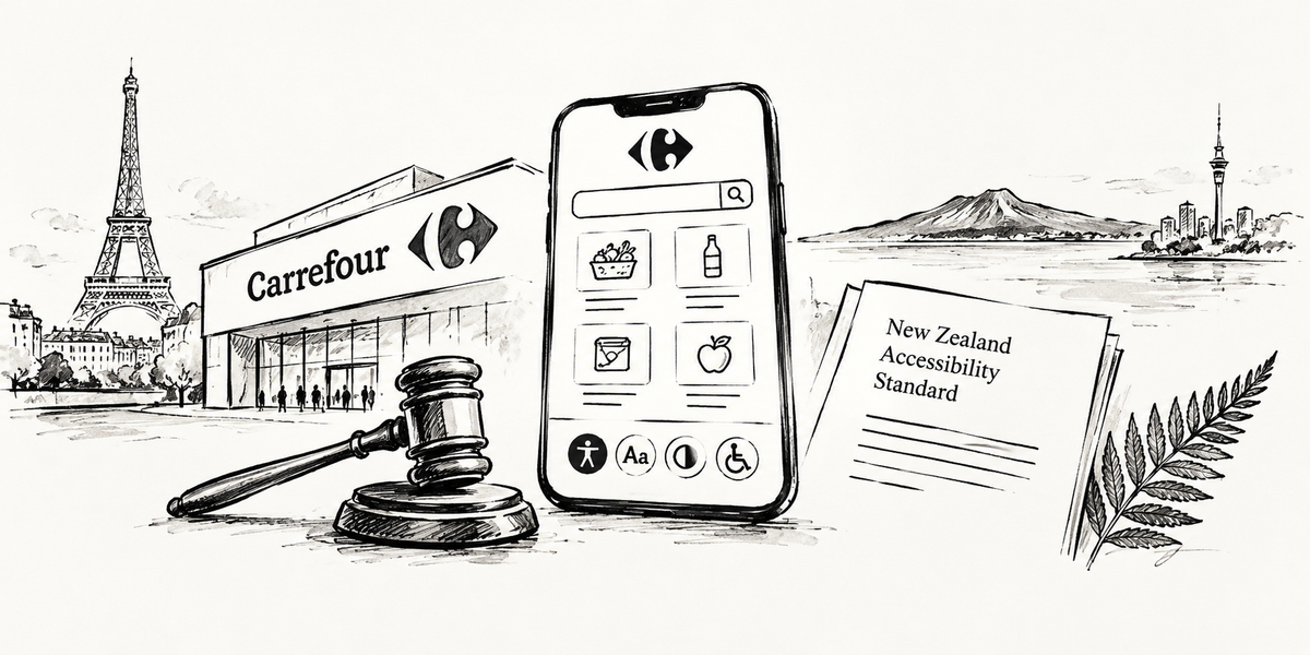 Black-and-white ink illustration of a Carrefour online shop, a judge’s gavel and accessibility controls on a smartphone, alongside a document representing New Zealand’s proposed accessibility standard.