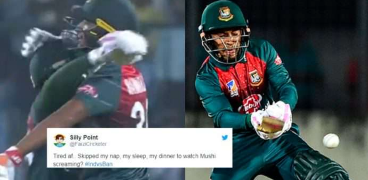 Two images - left - two Bangladesh batsmen hugging; right - Bangladesh batsman hitting a ball