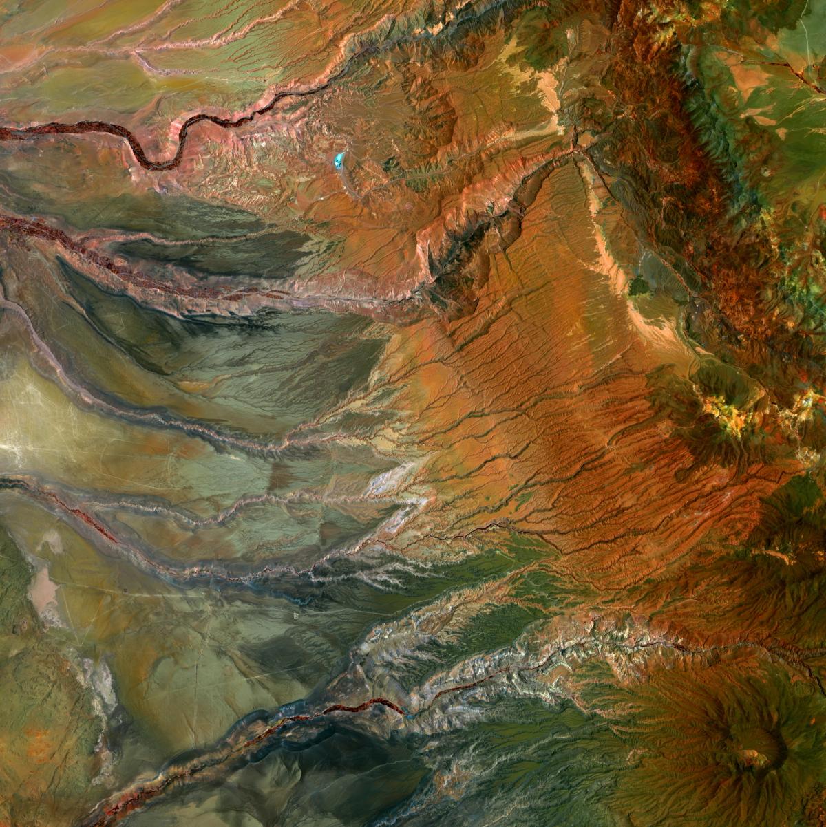 Aerial view of Andes valleys and Cerro Guachiscota