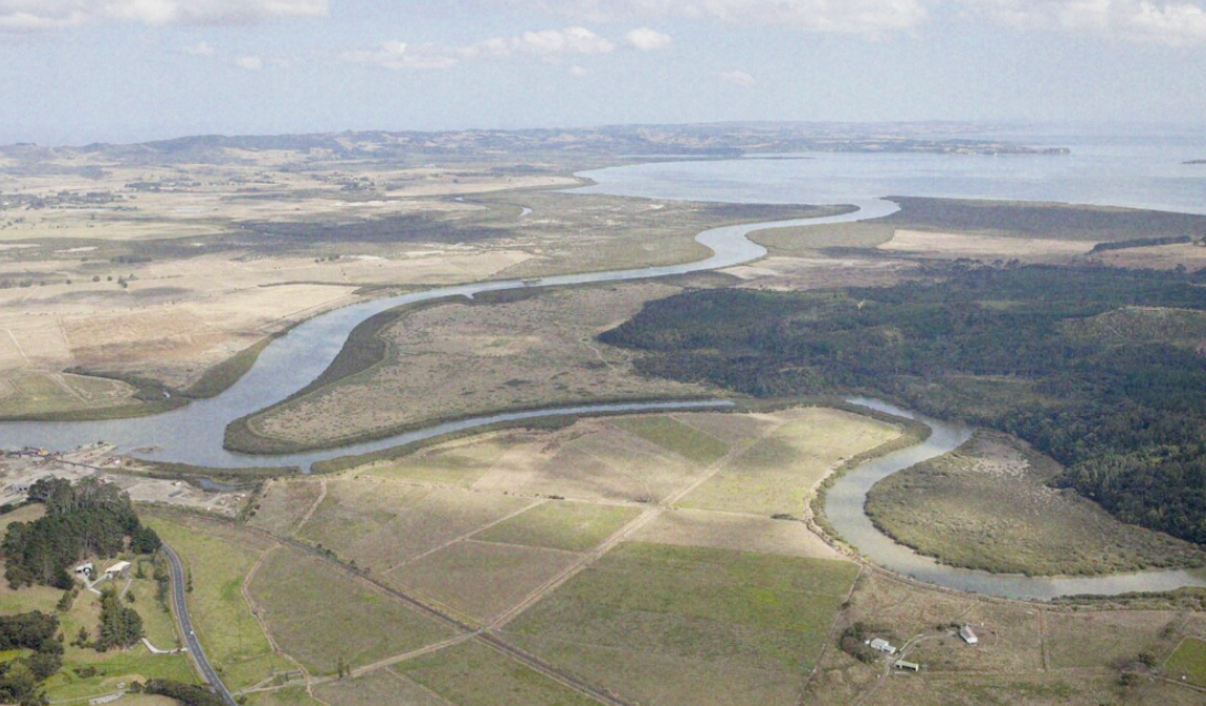 An aerial view of the Kaipara Moana