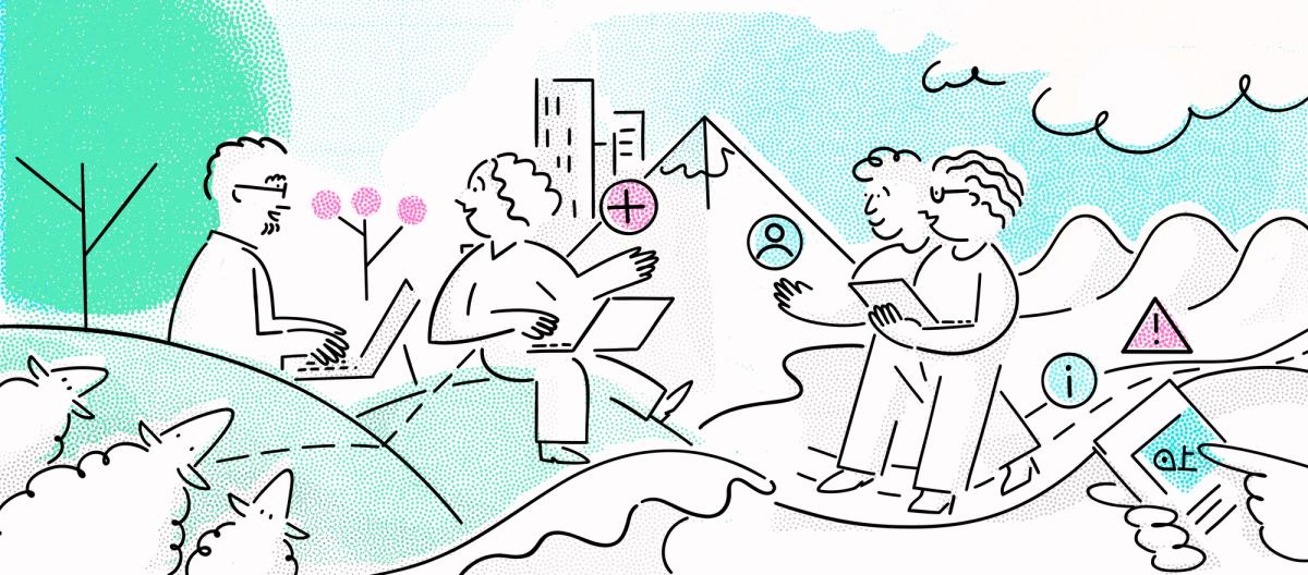 Line drawn cartoon depicting an abstract scene of people working in the environment, using traffic and travel information services, and other devices