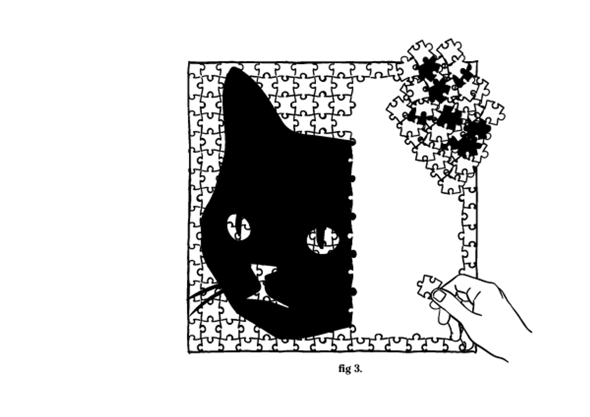 Jigsaw cat puzzle drawing, hand placing piece