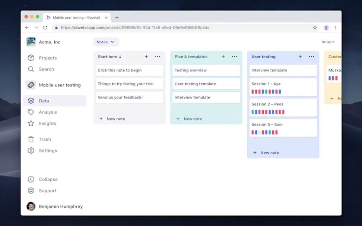 Screenshot of Dovetail app insights screen
