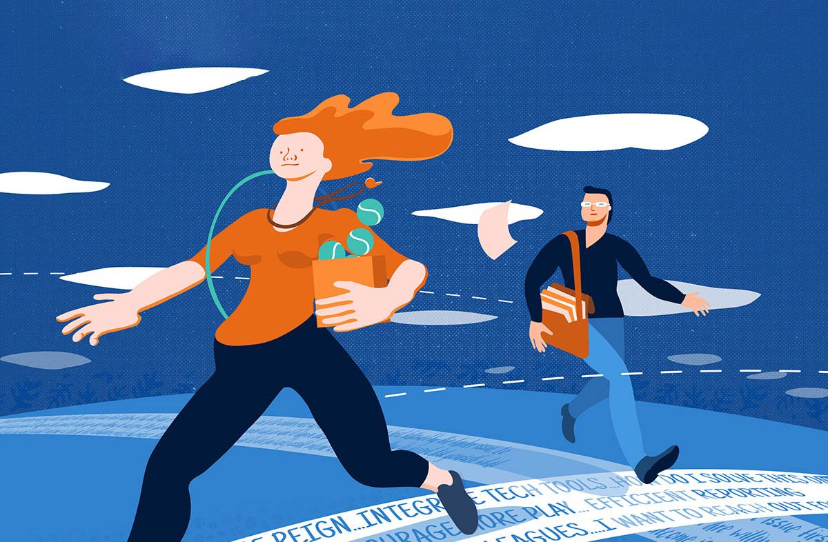 Illustration of a man and a woman walking along different paths made of words