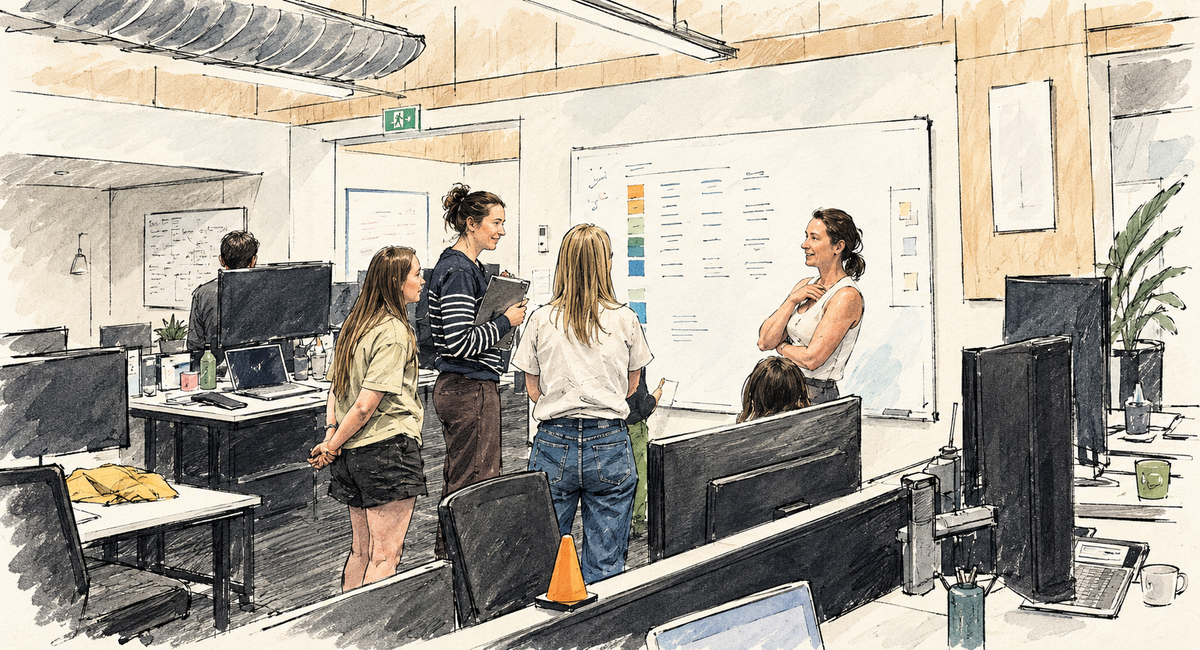 Illustration of MadeCurious team members gathered at a whiteboard for an incident stand-up in the office, with an orange traffic cone on a nearby desk.