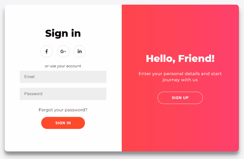 Animation of sign in/sign up page which, when Sign Up button is clicked on the right of the page, changes to a form on the right and a a welcome back/sign in button on the left. When sign in button is clicked, the page transitions to show the sign in for