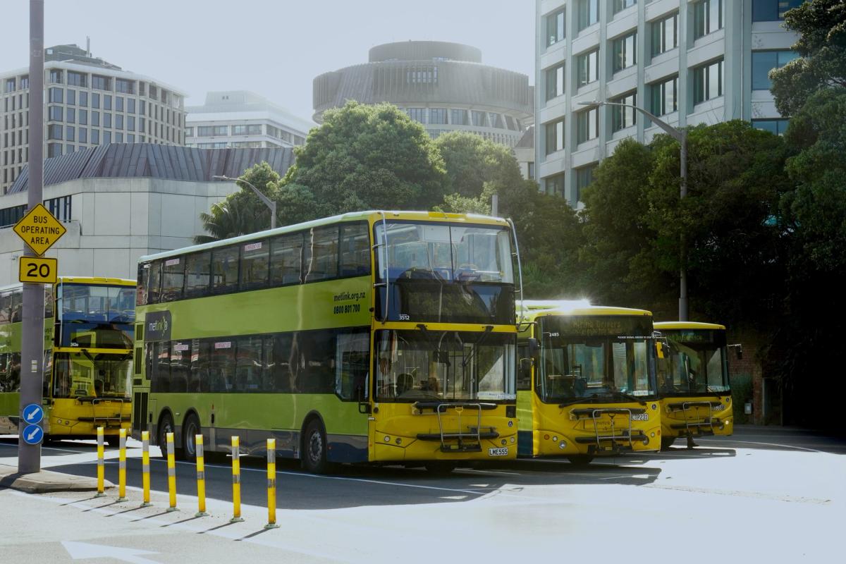 Yellow buses lined up on a street in Wellington