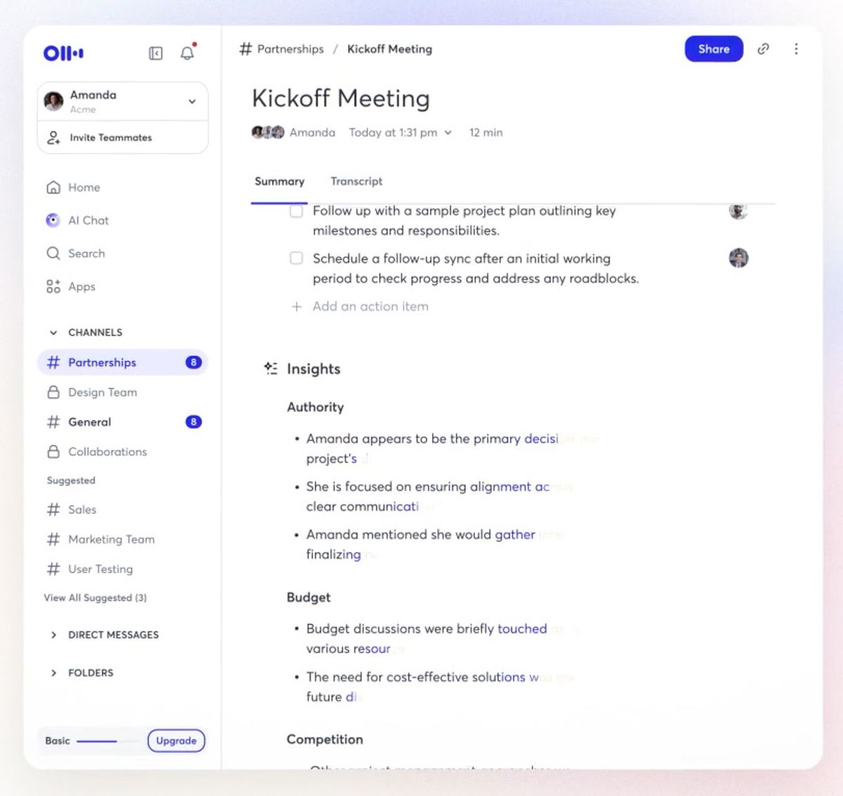 Screenshot of Otter.ai summarising meeting notes