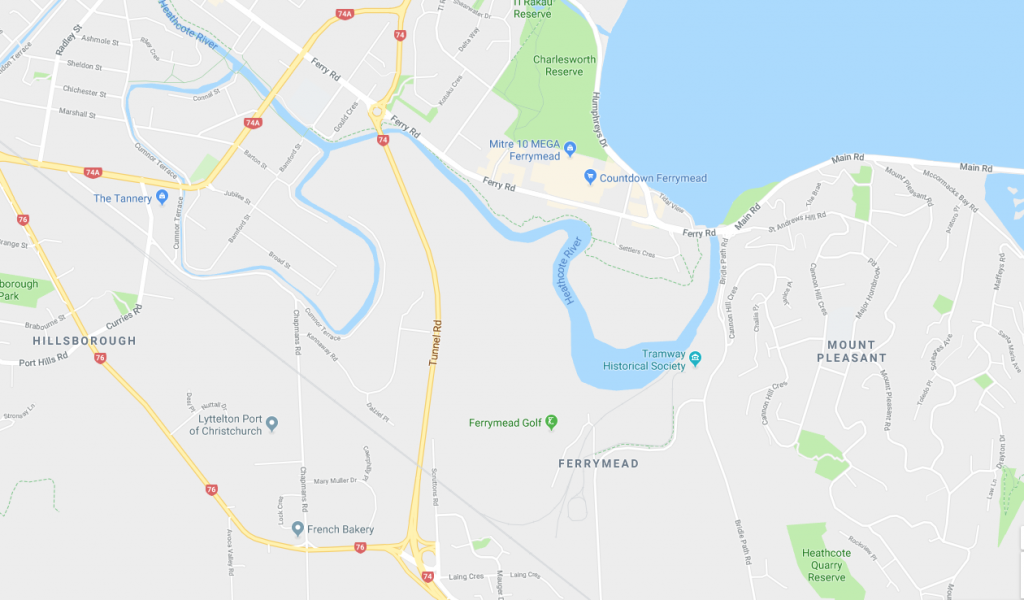A screen shot from Google maps of Ferrymead and surrounding suburbs