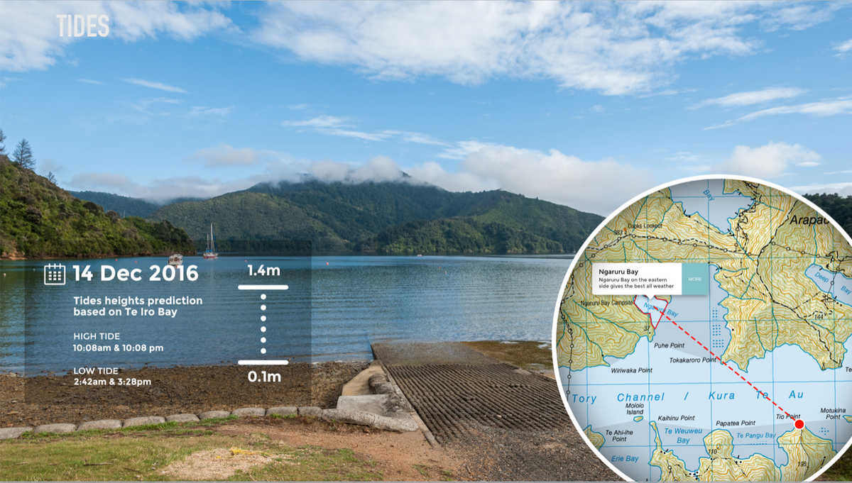 Bay image with tidal info and map overlay