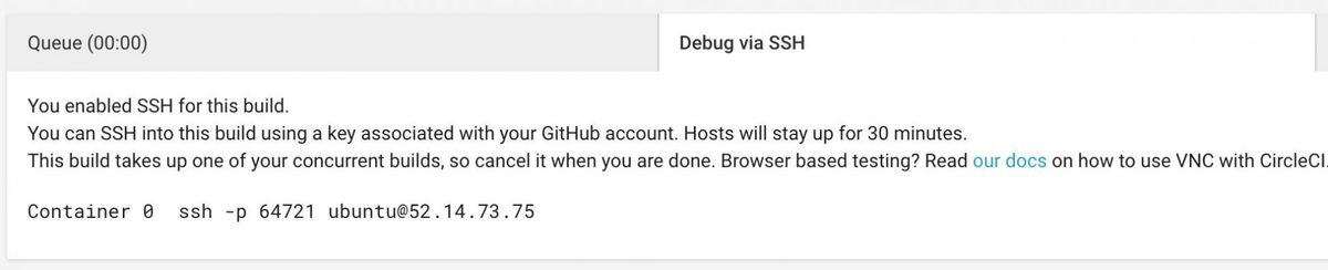 CircleCI build message with IP and SSH info