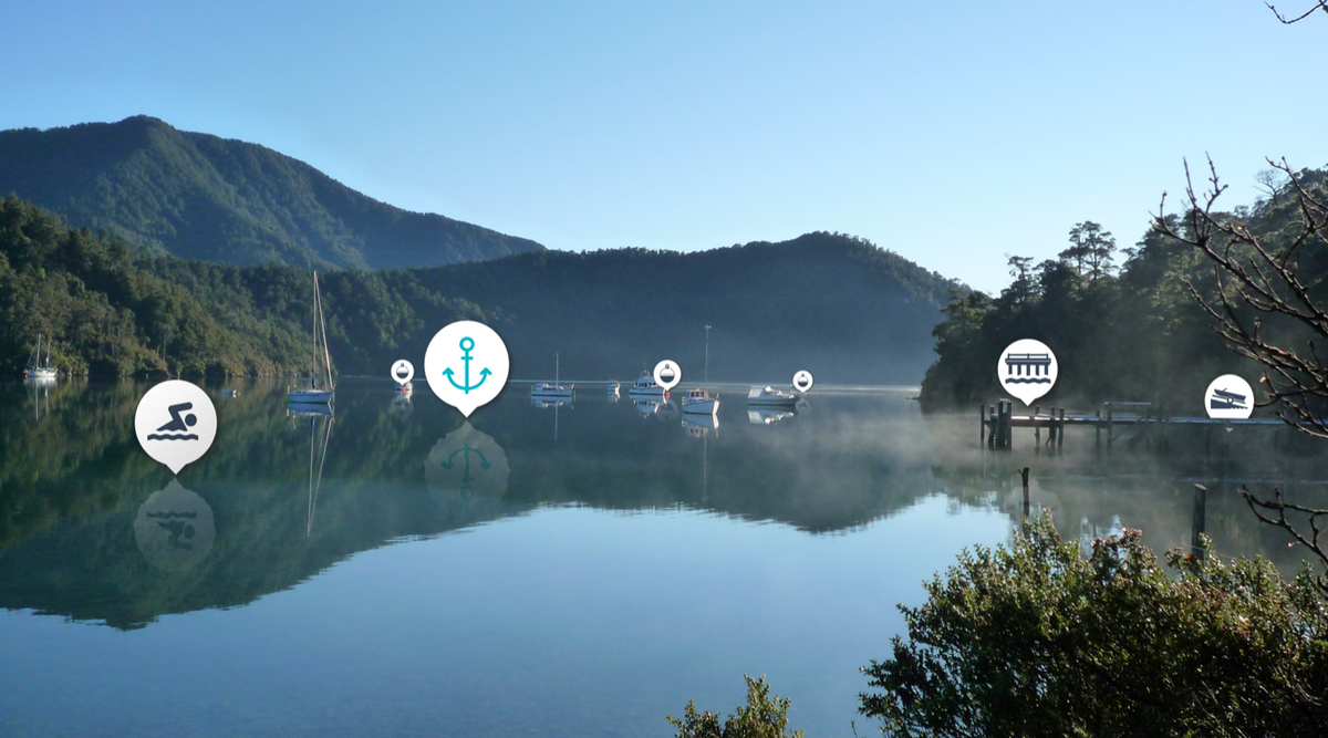 Marlborough Sounds calm bay, icons for activities